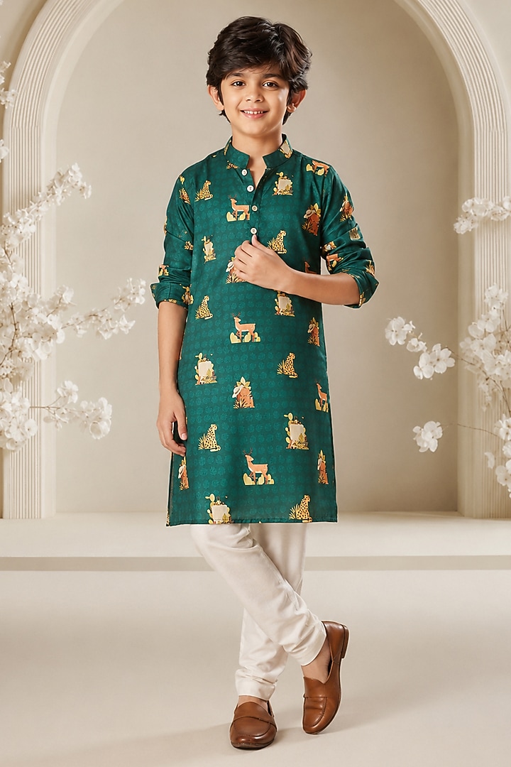 Green Soft Silk Tropical Printed Kurta Set For Boys by Eleven Brothers Kiids at Pernia's Pop Up Shop