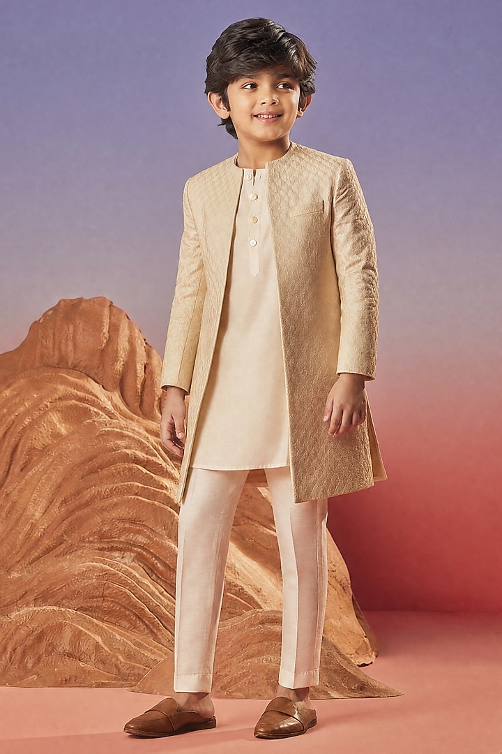 Beige Chanderi Silk Embroidered Long Indowestern Set For Boys by Eleven Brothers Kiids at Pernia's Pop Up Shop