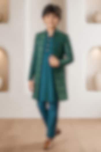 Green Chanderi & Silk Embroidered Indowestern Set For Boys by Eleven Brothers Kiids at Pernia's Pop Up Shop