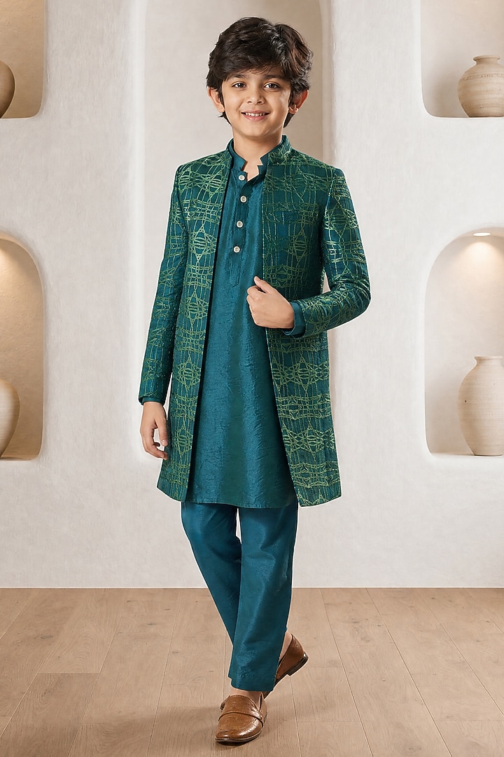Green Chanderi & Silk Embroidered Indowestern Set For Boys by Eleven Brothers Kiids at Pernia's Pop Up Shop