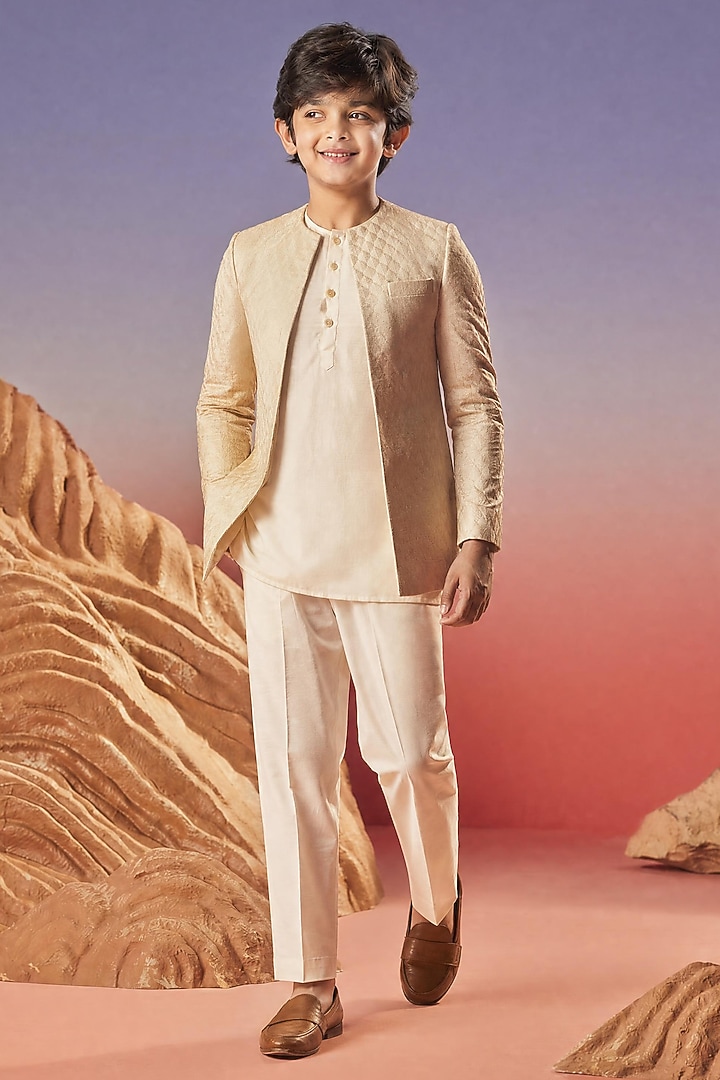 Beige Chanderi Silk Embroidered Indowestern Set For Boys by Eleven Brothers Kiids at Pernia's Pop Up Shop