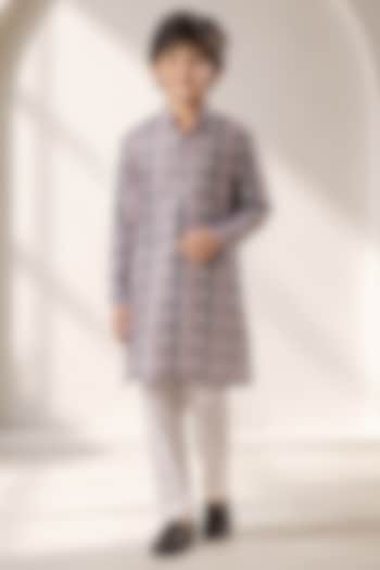 Pink Soft Silk Printed Kurta Set For Boys by Eleven Brothers Kiids at Pernia's Pop Up Shop