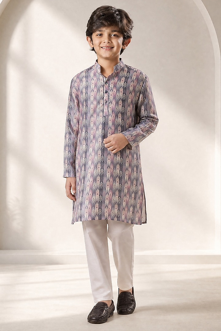 Pink Soft Silk Printed Kurta Set For Boys by Eleven Brothers Kiids at Pernia's Pop Up Shop