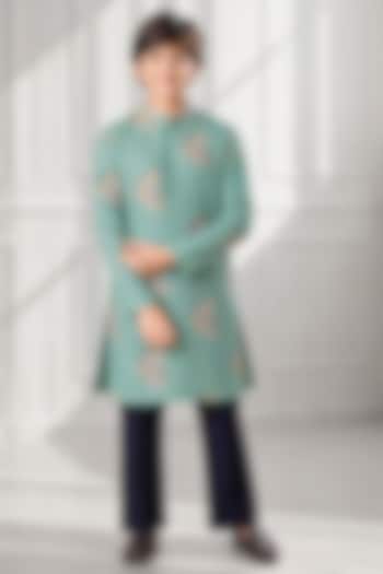 Green Soft Silk Printed Kurta Set For Boys by Eleven Brothers Kiids at Pernia's Pop Up Shop