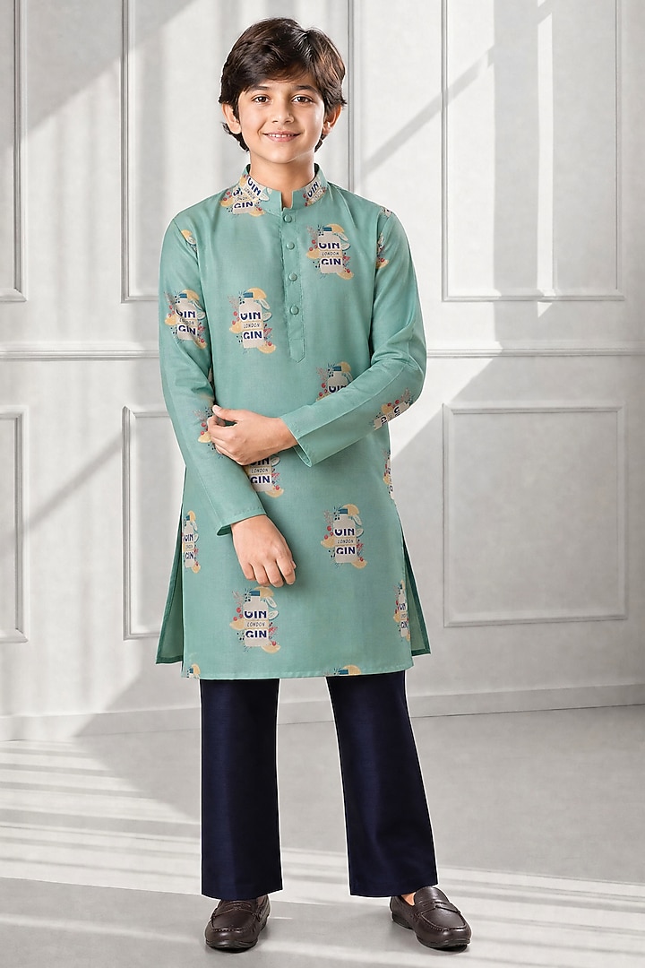 Green Soft Silk Printed Kurta Set For Boys by Eleven Brothers Kiids at Pernia's Pop Up Shop