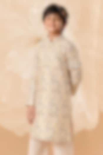 Yellow Soft Silk Printed Kurta Set For Boys by Eleven Brothers Kiids at Pernia's Pop Up Shop