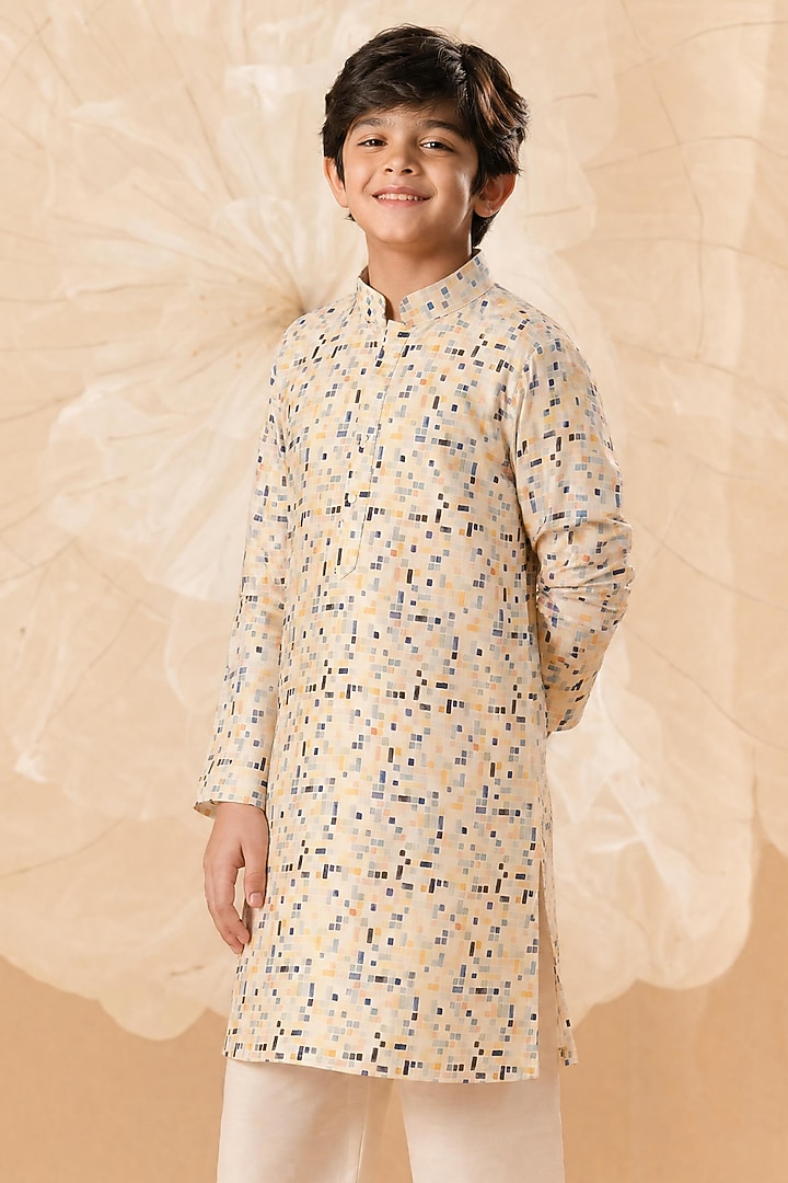 Yellow Soft Silk Printed Kurta Set For Boys by Eleven Brothers Kiids at Pernia's Pop Up Shop