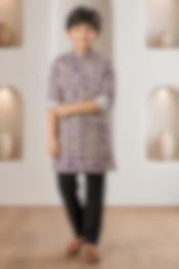 Blue Soft Silk Printed Kurta Set For Boys by Eleven Brothers Kiids at Pernia's Pop Up Shop