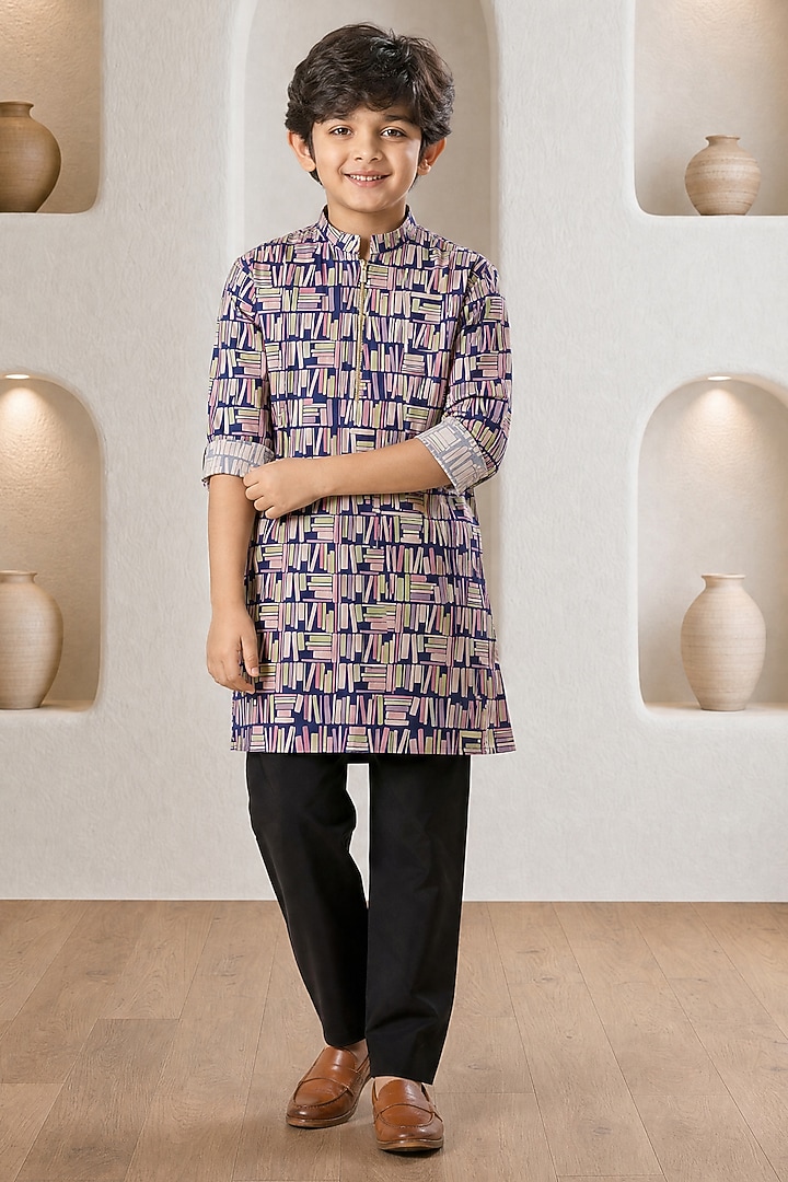 Blue Soft Silk Printed Kurta Set For Boys by Eleven Brothers Kiids at Pernia's Pop Up Shop