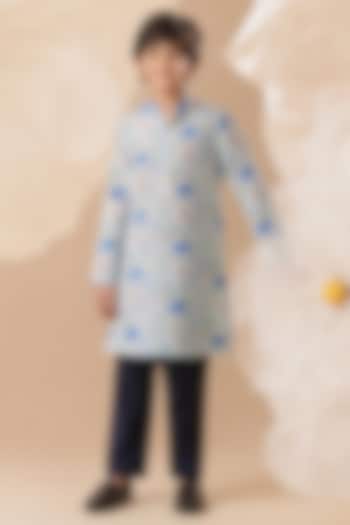 Blue Soft Silk Printed Kurta Set For Boys by Eleven Brothers Kiids at Pernia's Pop Up Shop