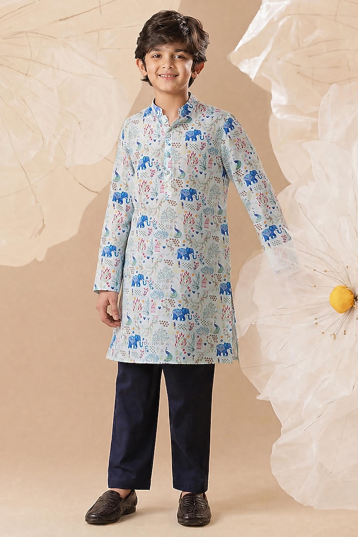 Blue Soft Silk Printed Kurta Set For Boys by Eleven Brothers Kiids at Pernia's Pop Up Shop