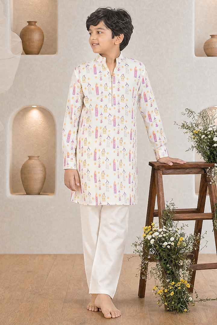 Yellow Soft Silk Printed Kurta Set For Boys by Eleven Brothers Kiids at Pernia's Pop Up Shop