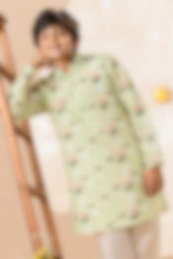 Green Soft Silk Printed Kurta Set For Boys by Eleven Brothers Kiids at Pernia's Pop Up Shop