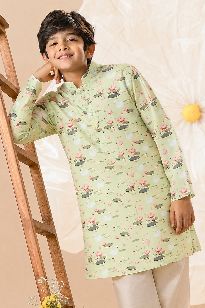 Green Soft Silk Printed Kurta Set For Boys by Eleven Brothers Kiids at Pernia's Pop Up Shop
