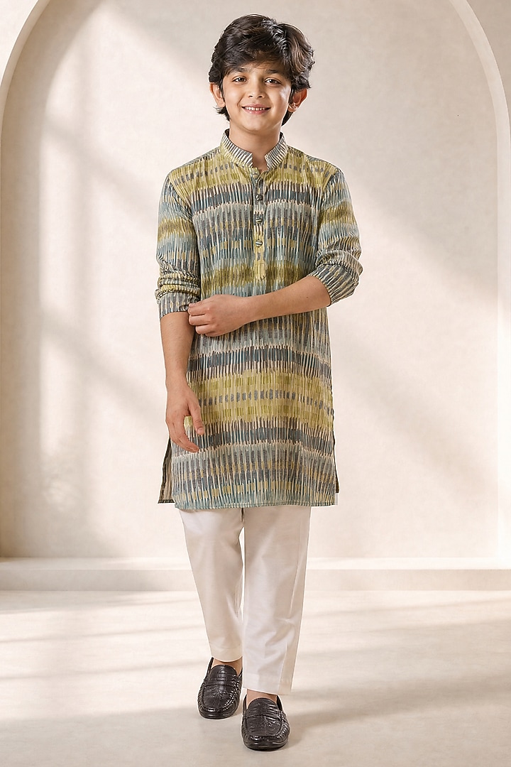 Green Soft Silk Printed Kurta Set For Boys by Eleven Brothers Kiids at Pernia's Pop Up Shop