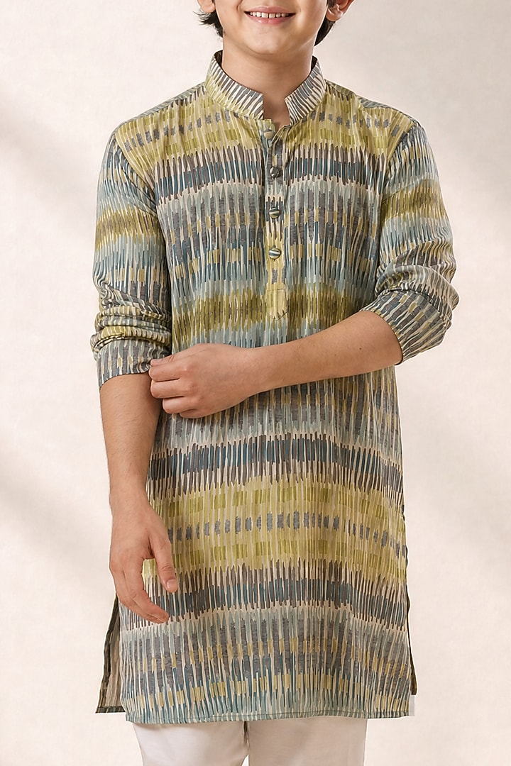Green Soft Silk Printed Kurta Set For Boys by Eleven Brothers Kiids at Pernia's Pop Up Shop