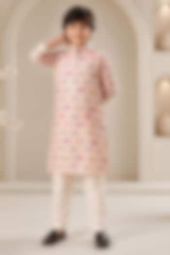 Pink Soft Silk Printed Kurta Set For Boys by Eleven Brothers Kiids at Pernia's Pop Up Shop