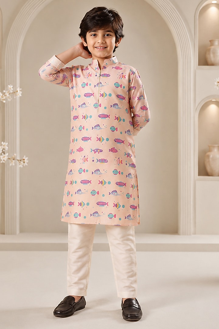 Pink Soft Silk Printed Kurta Set For Boys by Eleven Brothers Kiids at Pernia's Pop Up Shop