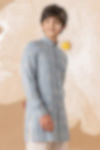 Blue Soft Silk Hand Embroidered Kurta Set For Boys by Eleven Brothers Kiids at Pernia's Pop Up Shop
