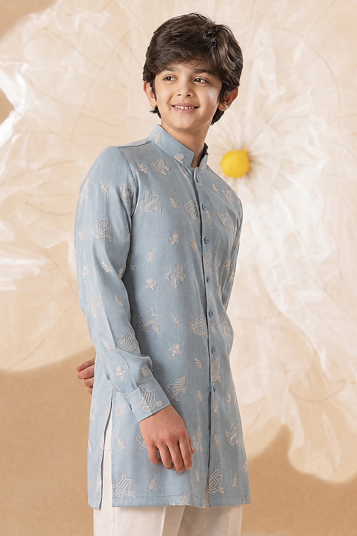 Blue Soft Silk Hand Embroidered Kurta Set For Boys by Eleven Brothers Kiids at Pernia's Pop Up Shop