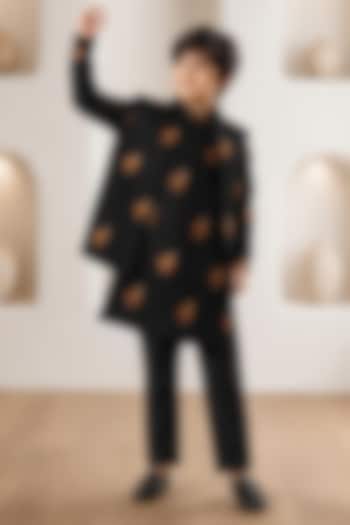 Black Soft Silk Hand Embroidered Nehru Jacket Set For Boys by Eleven Brothers Kiids at Pernia's Pop Up Shop