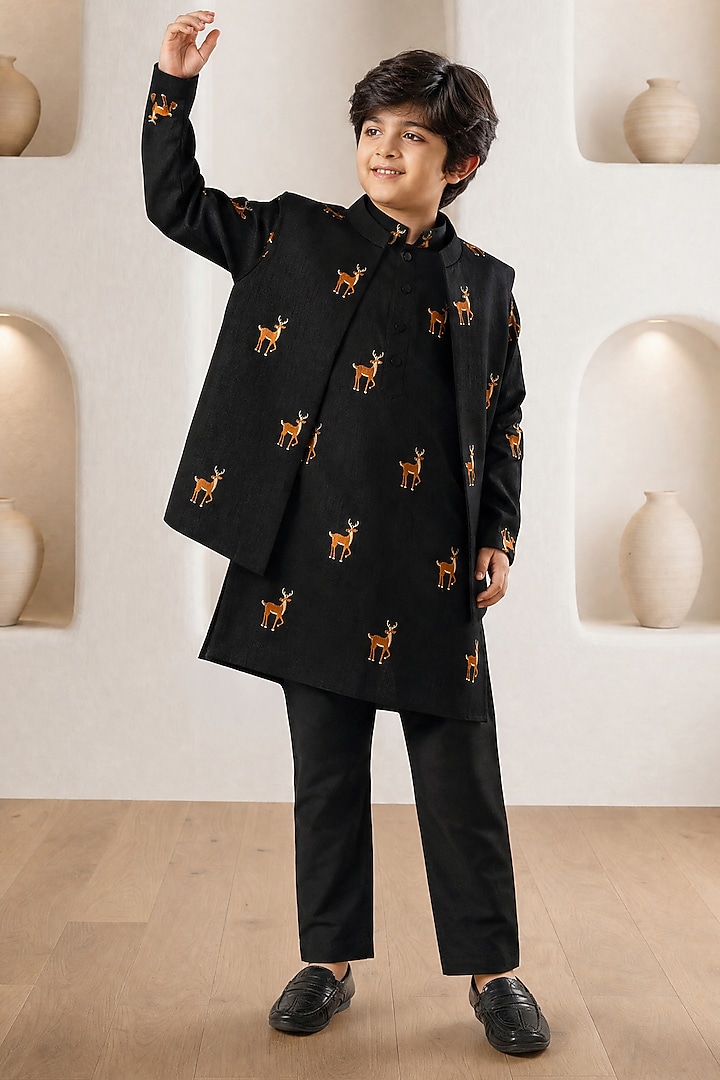 Black Soft Silk Hand Embroidered Nehru Jacket Set For Boys by Eleven Brothers Kiids at Pernia's Pop Up Shop