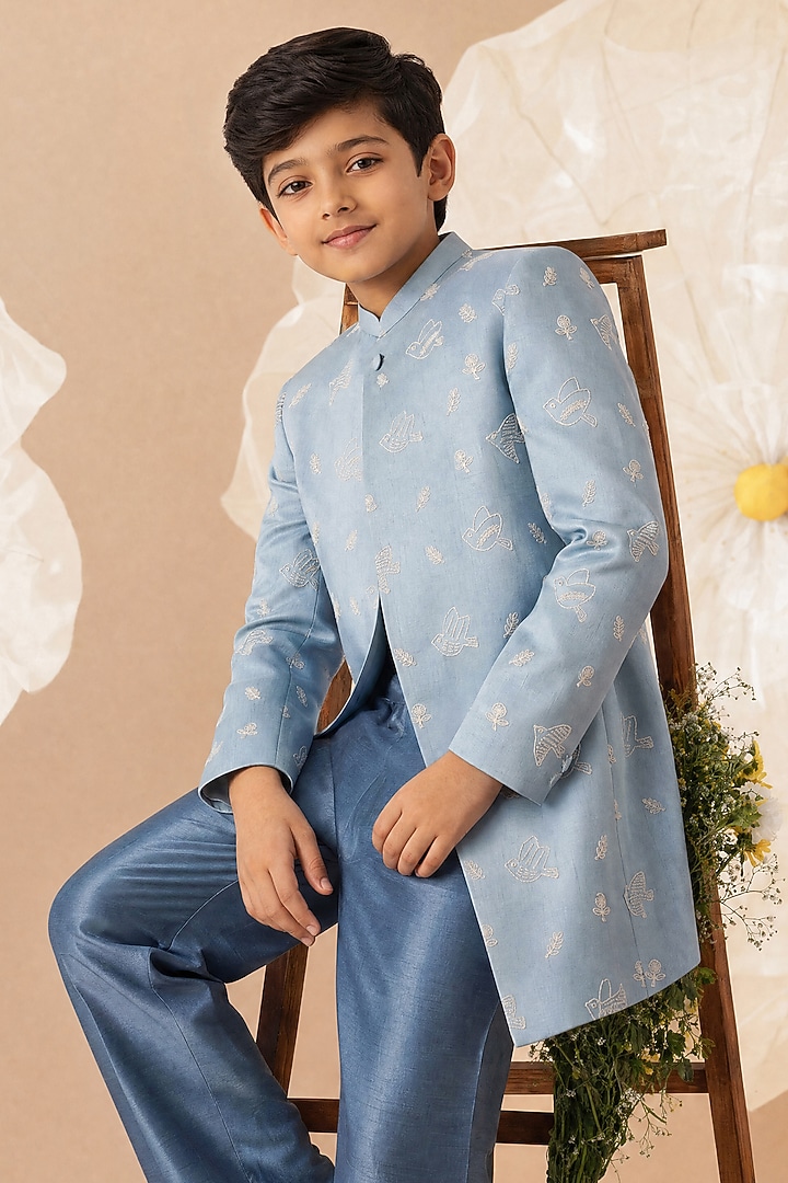Blue Soft Silk Hand Embroidered Indowestern Set For Boys by Eleven Brothers Kiids at Pernia's Pop Up Shop