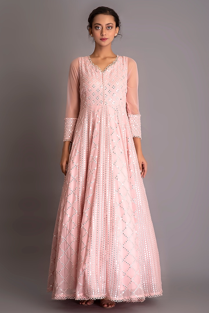 Blush Pink Embroidered Wedding Anarkali Set by EVRA BY NIKITA KHURANA at Pernia's Pop Up Shop