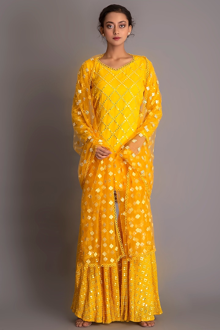 Yellow Georgette Mirror Embroidered Gharara Set by EVRA BY NIKITA KHURANA at Pernia's Pop Up Shop