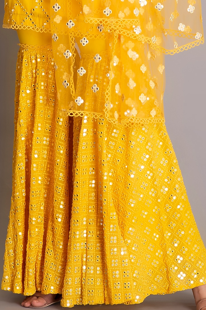 Yellow Georgette Mirror Embroidered Gharara Set by EVRA BY NIKITA KHURANA at Pernia's Pop Up Shop