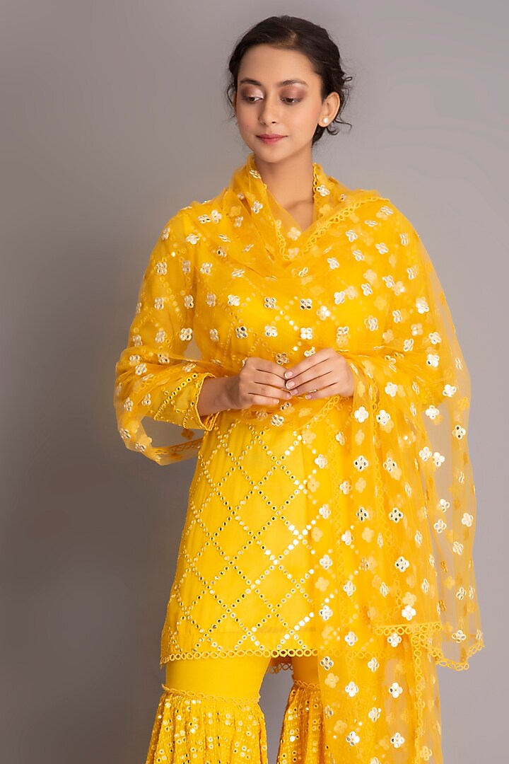 Yellow Georgette Mirror Embroidered Gharara Set by EVRA BY NIKITA KHURANA at Pernia's Pop Up Shop
