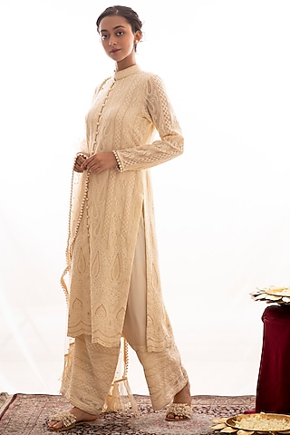 Nude Chikankari Embroidered Kurta Set by EVRA BY NIKITA KHURANA