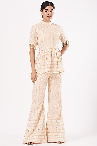 Peach Chikankari Embroidered Kurta Set by EVRA BY NIKITA KHURANA