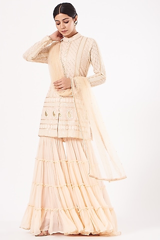 Peach Georgette Frilled Sharara Set by EVRA BY NIKITA KHURANA