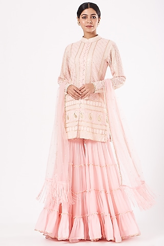Blush Pink Georgette Frilled Sharara Set by EVRA BY NIKITA KHURANA