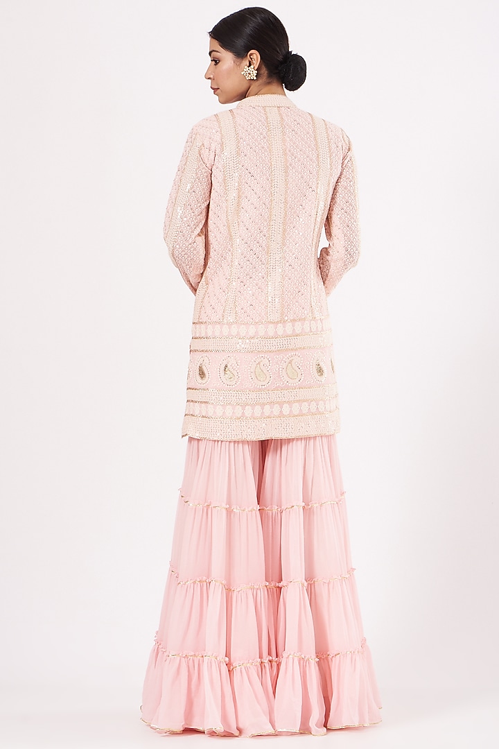 Blush Pink Georgette Frilled Party Wear Sharara Set by EVRA BY NIKITA KHURANA at Pernia's Pop Up Shop