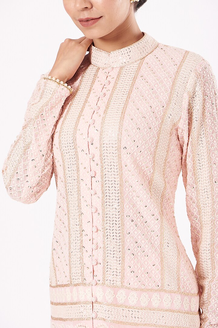 Blush Pink Georgette Frilled Party Wear Sharara Set by EVRA BY NIKITA KHURANA at Pernia's Pop Up Shop
