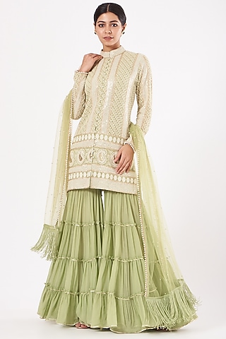 Mehendi Green Georgette Frilled Sharara Set by EVRA BY NIKITA KHURANA