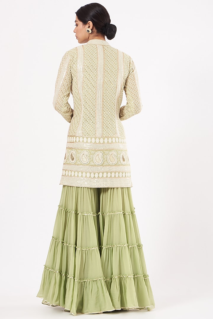 Mehendi Green Georgette Frilled Party Wear Sharara Set by EVRA BY NIKITA KHURANA at Pernia's Pop Up Shop