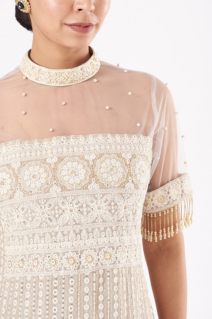 Light Grey Georgette Frilled Party Wear Sharara Set by EVRA BY NIKITA KHURANA at Pernia's Pop Up Shop