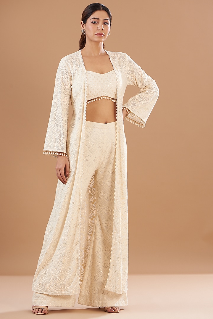 Ivory Georgette Embroidered Jacket Set by EVRA BY NIKITA KHURANA