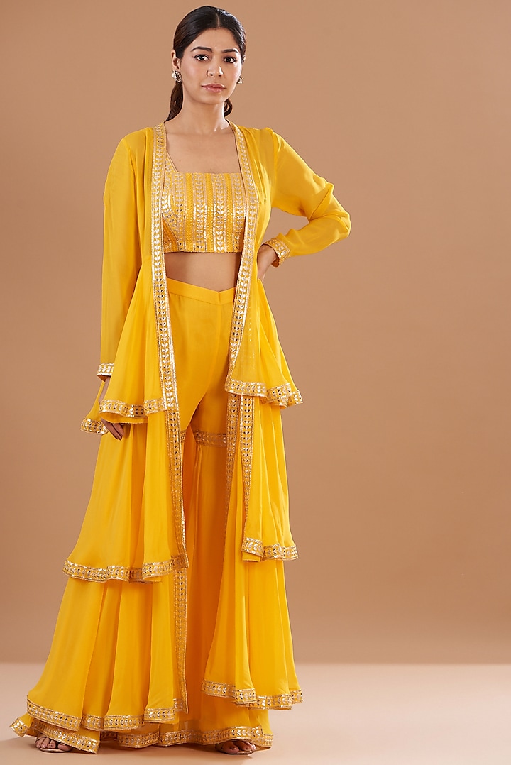 Yellow Georgette Gota Embroidered Jacket Set by EVRA BY NIKITA KHURANA