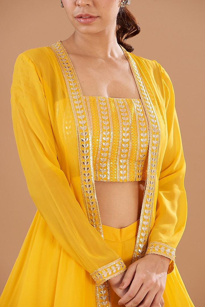 Yellow Georgette Gota Embroidered Jacket Set by EVRA BY NIKITA KHURANA at Pernia's Pop Up Shop