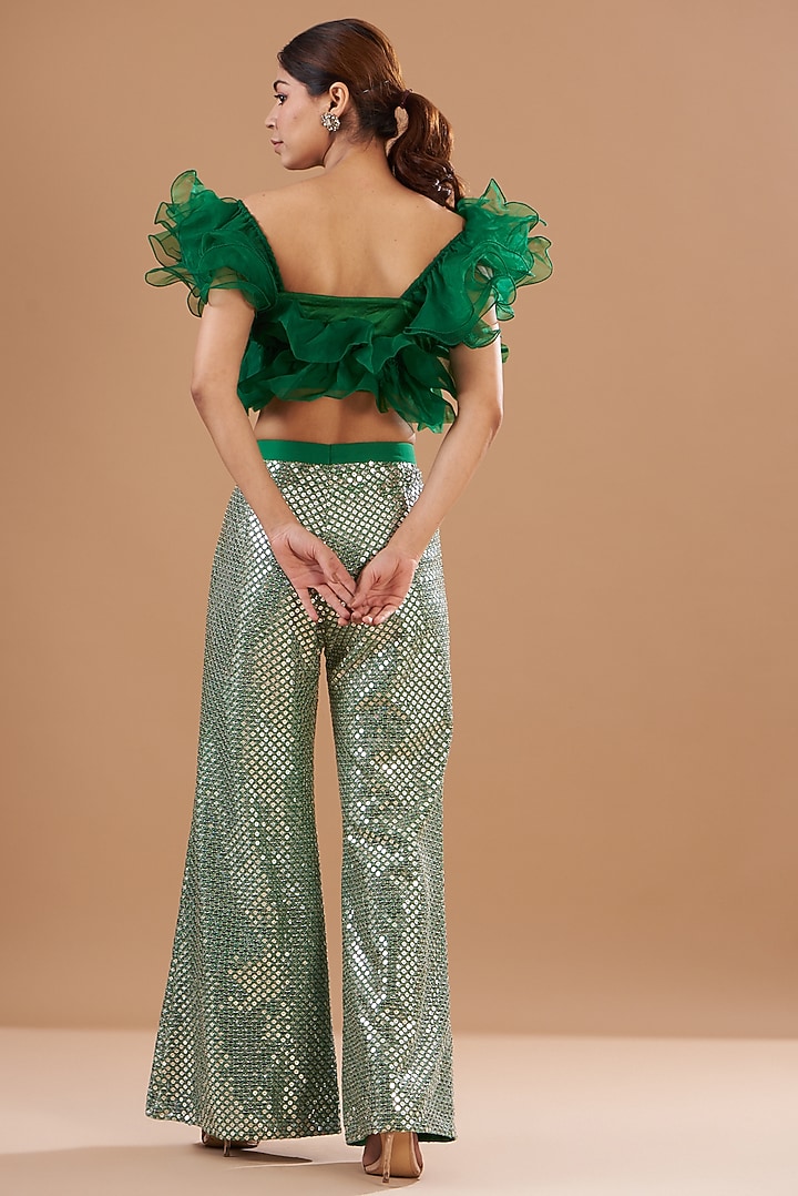 Green Organza Embroidered Pant Set by EVRA BY NIKITA KHURANA at Pernia's Pop Up Shop