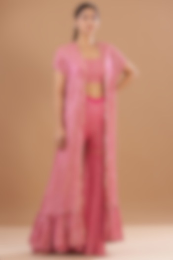 Rani Pink Georgette Embroidered Cape Set by EVRA BY NIKITA KHURANA