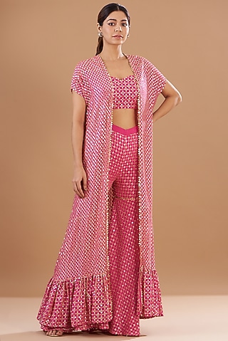 Rani Pink Georgette Embroidered Cape Set by EVRA BY NIKITA KHURANA