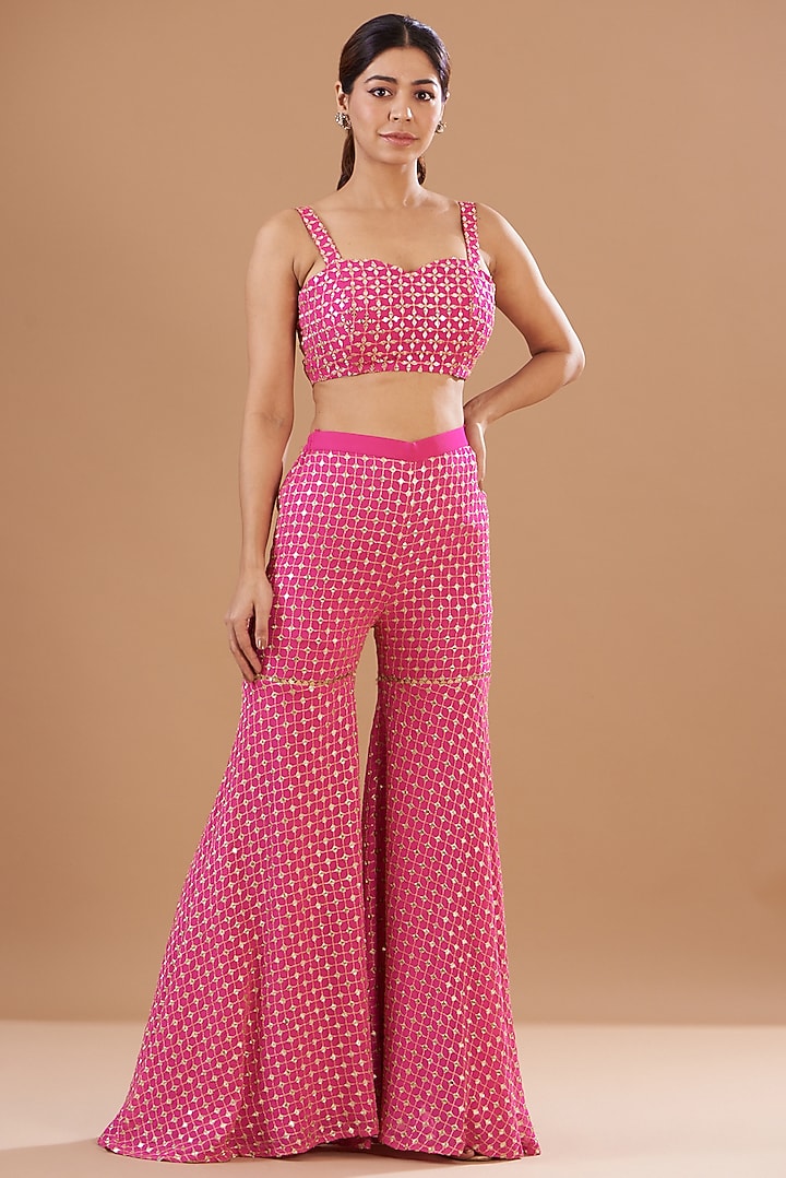 Rani Pink Georgette Embroidered Cape Set by EVRA BY NIKITA KHURANA at Pernia's Pop Up Shop