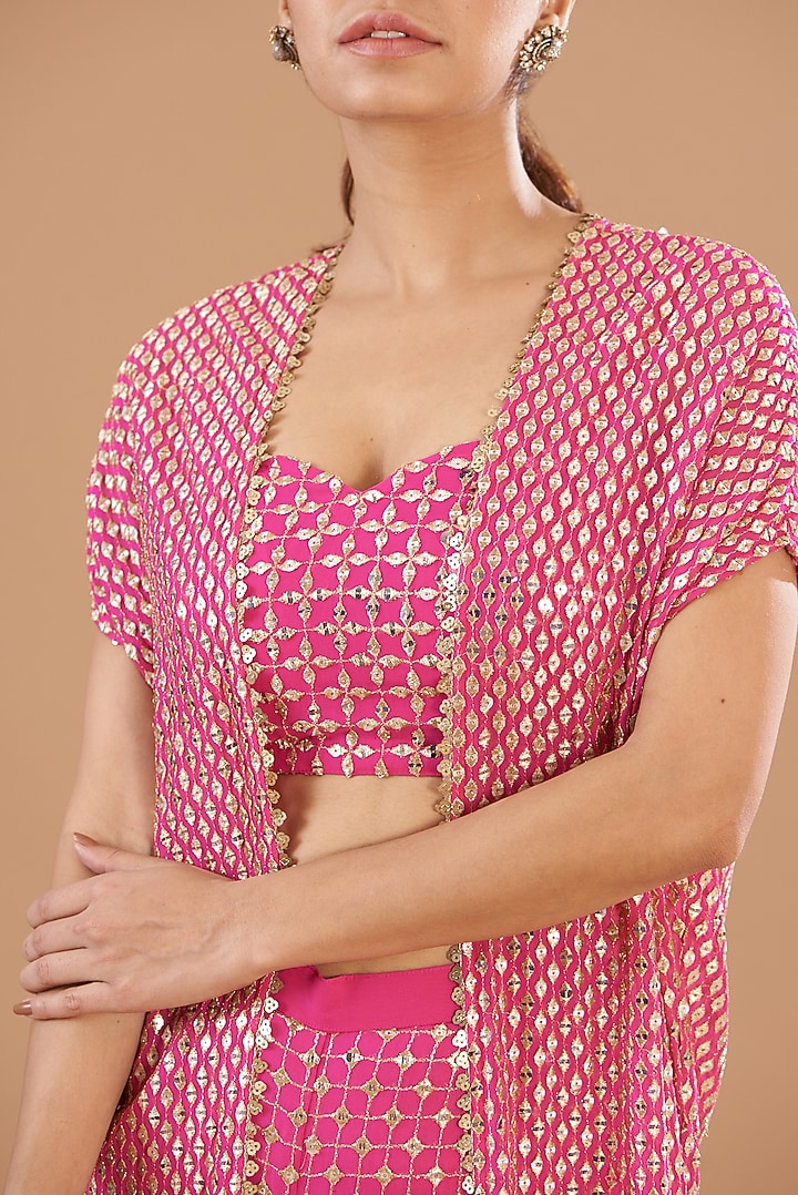 Rani Pink Georgette Embroidered Cape Set by EVRA BY NIKITA KHURANA at Pernia's Pop Up Shop