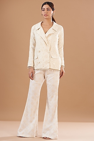 Ivory Georgette Embroidered Blazer Set by EVRA BY NIKITA KHURANA