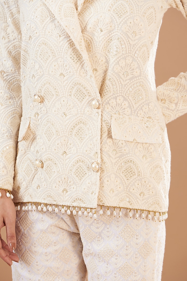 Ivory Georgette Embroidered Blazer Set by EVRA BY NIKITA KHURANA at Pernia's Pop Up Shop